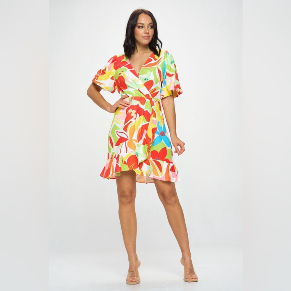 Vibrant Multi-Color Wrap Mini Dress with Ruffle Hem